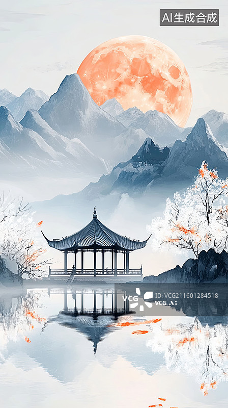 【AI数字艺术】月下亭台山水倒影图片素材