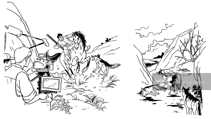 黑白线描素描插画 拍电影 摄影 短视频 骑马与狼搏斗 倒地的狼 狼群 山野 动物 野狼图片素材