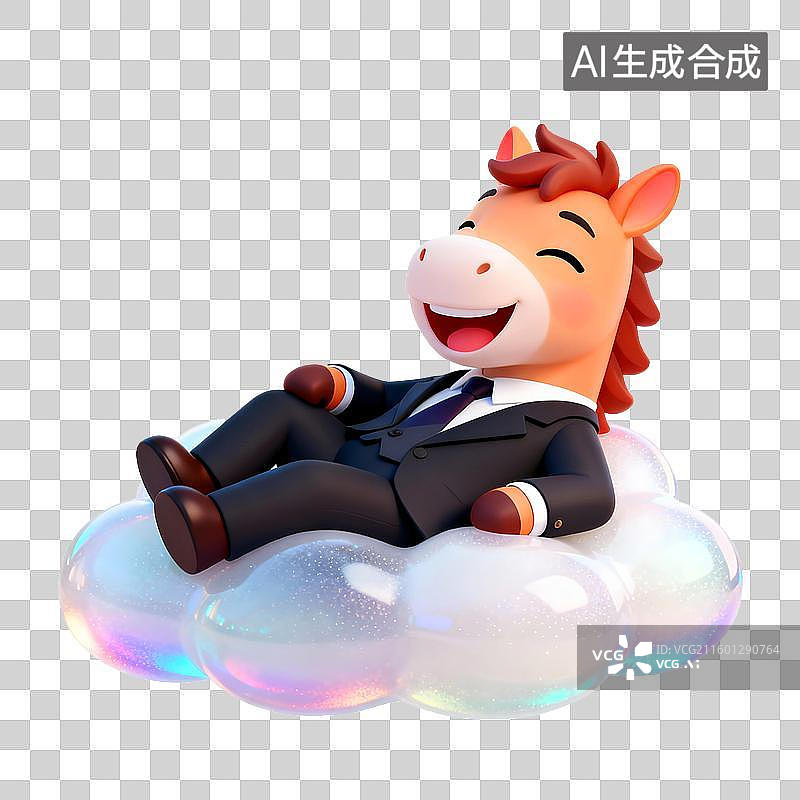 【AI数字艺术】马年可爱的拟人小马躺在云朵上美梦成真，马上发财，马上躺赢图片素材