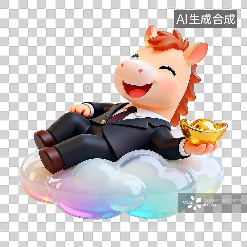 【AI数字艺术】马年可爱的拟人小马躺在云朵上美梦成真，马上发财，马上躺赢图片素材