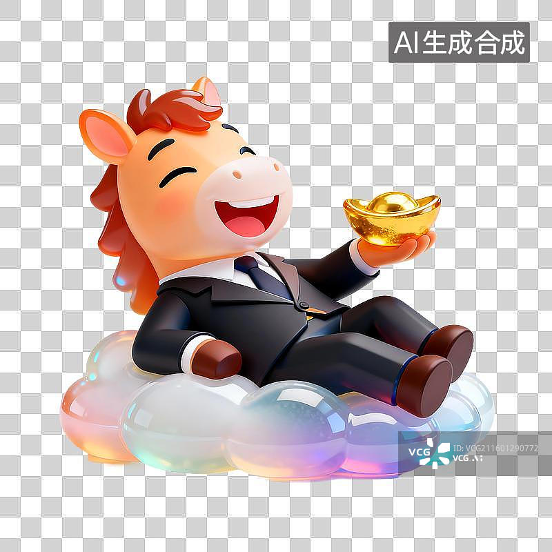 【AI数字艺术】马年可爱的拟人小马躺在云朵上美梦成真，马上发财，马上躺赢图片素材