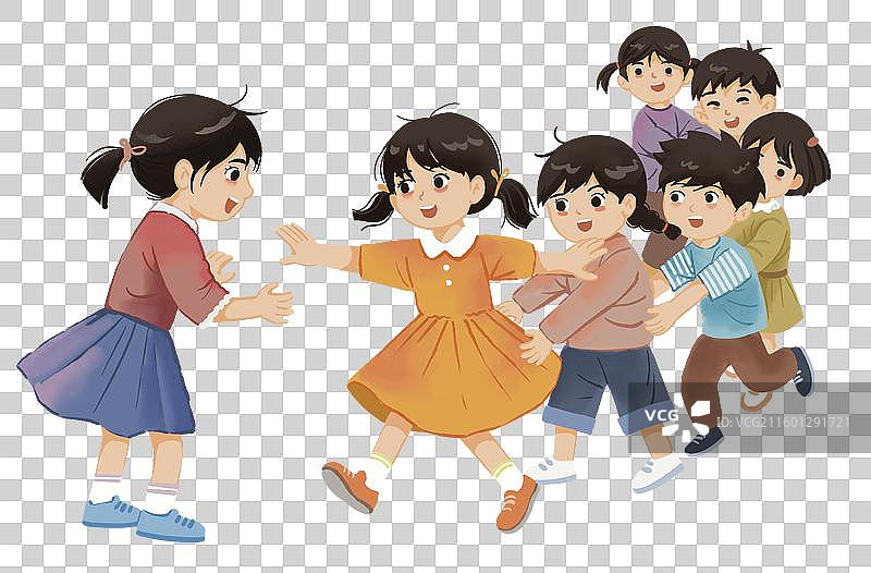 彩色卡通插画 男孩女孩 游戏玩耍 老鹰抓小鸡 校园生活 童年回忆 开心可爱 小学生 课间活动 教育教图片素材