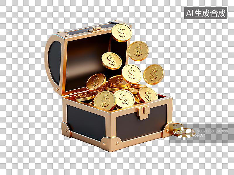 【AI数字艺术】电商购物 促销元素 金色钱币溢出宝箱图片素材