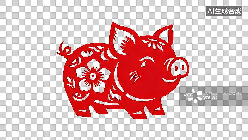 【AI数字艺术】带有花卉图案的红色剪纸猪图片素材
