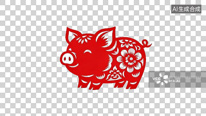 【AI数字艺术】红色剪纸小猪带花卉图案图片素材