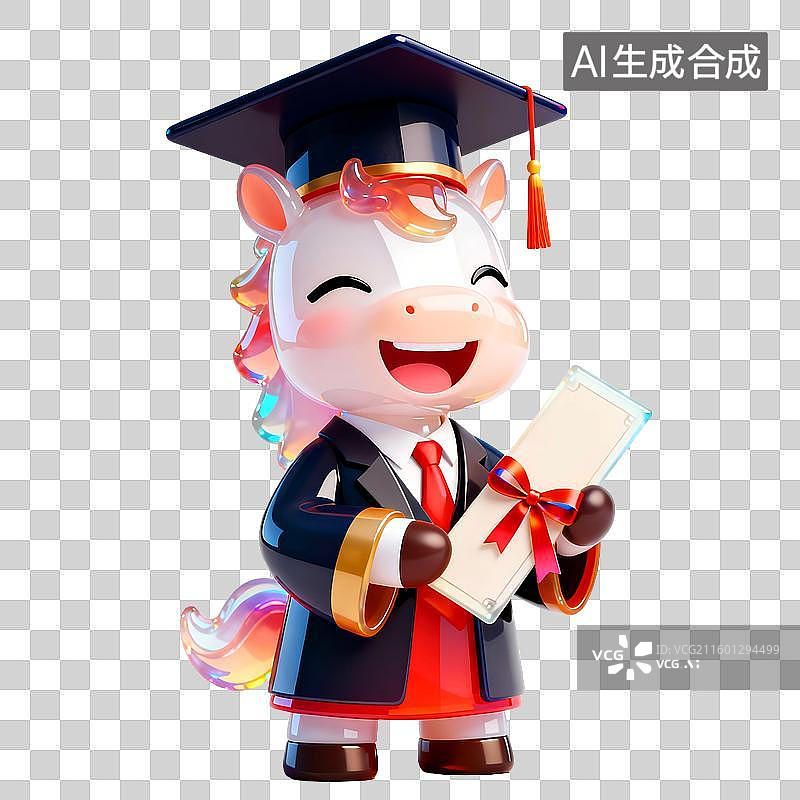 【AI数字艺术】马年可爱的拟人小马带着学位帽，拿着毕业证书文凭，高考马上上岸图片素材