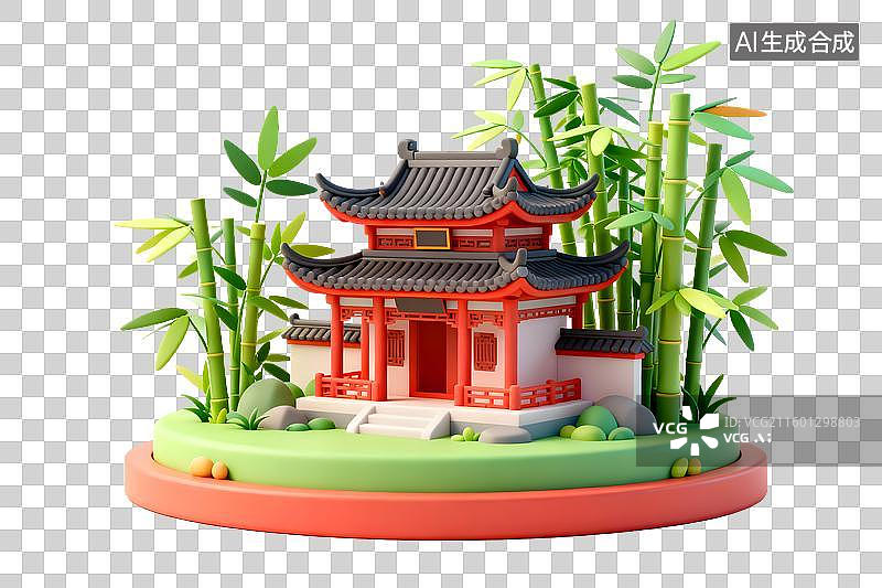 【AI数字艺术】传统中式风格带竹的3D亭子图片素材