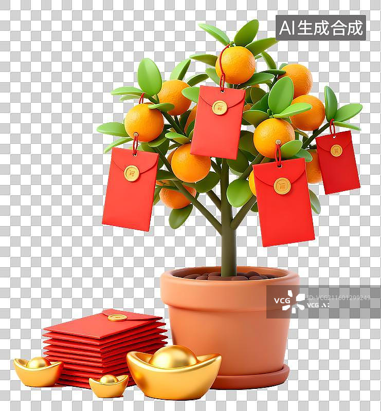 【AI数字艺术】挂有红包的金桔树图片素材