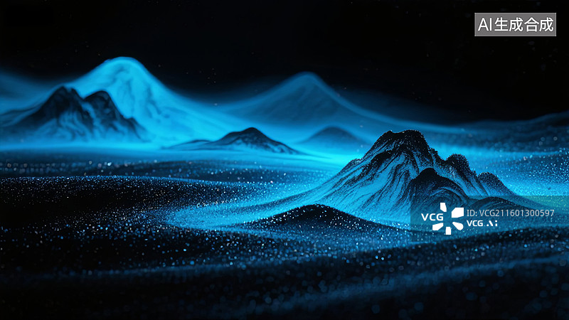 【AI数字艺术】国风抽象水墨山水发光粒子沙画图片素材