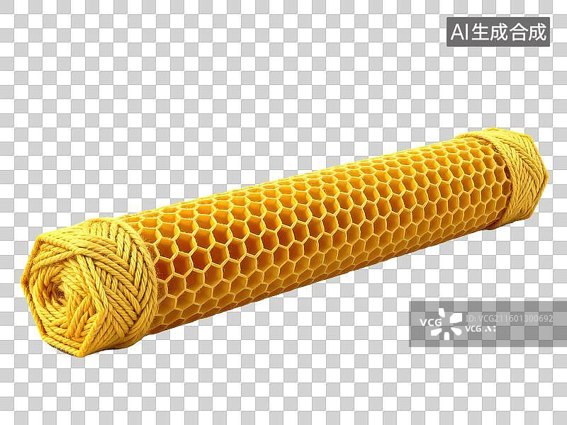 【AI数字艺术】3D毛线编织风格六角柱蜂窝状长条装饰封闭两端金黄色纱线几何形体透明插画装饰元素图片素材