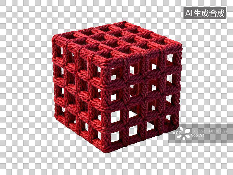 【AI数字艺术】3D毛线针织风格编织多孔正立方体鲜艳深红色分形结构几何形体透明插画装饰元素图片素材
