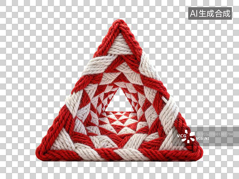 【AI数字艺术】3D毛线针织风格分形编织三角形红白色3D毛线谢尔宾斯基图案现代极简几何形体透明插画装饰元素图片素材
