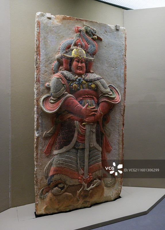 彩绘武士浮雕 五代 曲阳县灵山镇西燕川村王处直墓出土 中国国家博物馆“惠世天工-河北曲阳石雕艺术展”图片素材