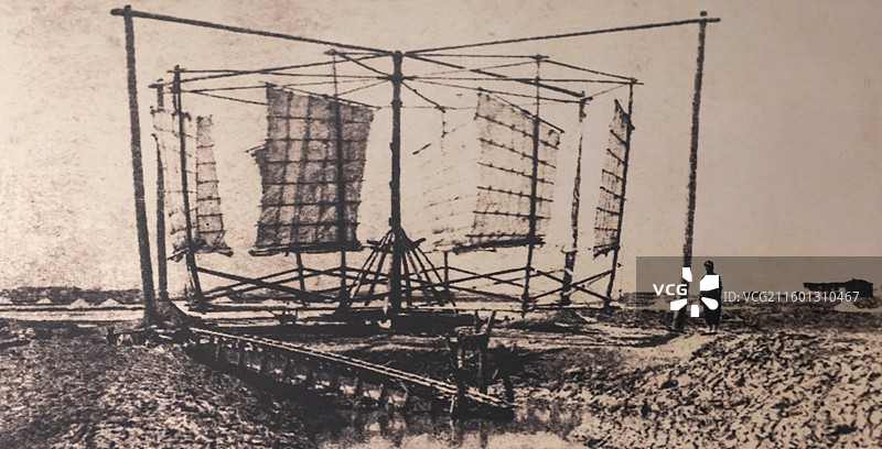 清末长芦盐区丰财场（今塘沽盐场）的提水风车 天津博物馆图片素材