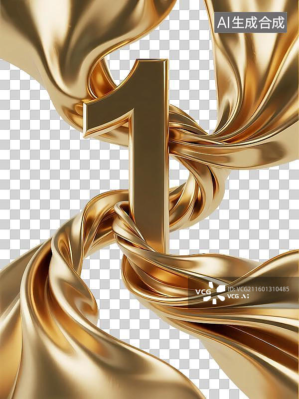 【AI数字艺术】3D渲染风格金色数字1金色飘带免抠元素图片素材