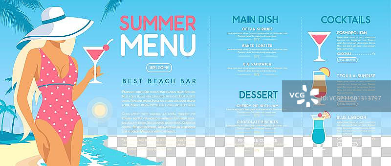平铺的夏季鸡尾酒菜单设计，带有海洋元素图片素材