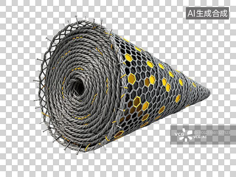【AI数字艺术】3D毛线针织风格精细纳米锥体石墨烯六边形图案灰色纱线几何形体透明插画装饰元素图片素材