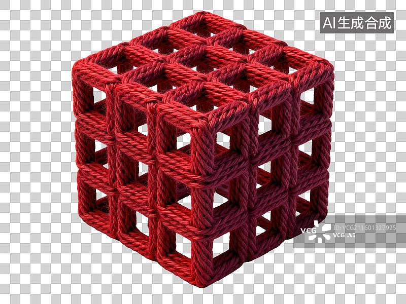 【AI数字艺术】3D毛线针织风格编织多孔正立方体鲜艳深红色分形结构几何形体透明插画装饰元素图片素材