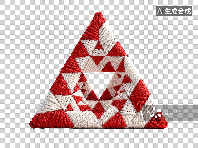 【AI数字艺术】3D毛线针织风格分形编织三角形红白色3D毛线谢尔宾斯基图案现代极简几何形体透明插画装饰元素图片素材