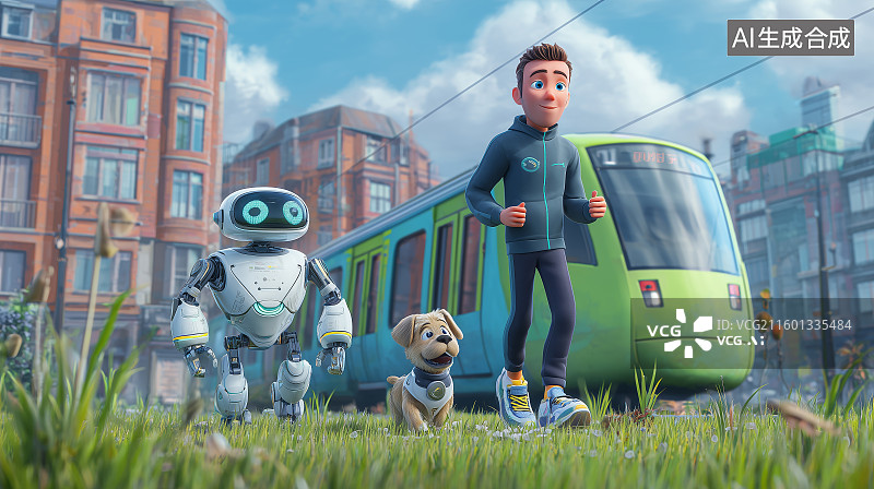 【AI数字艺术】机器人陪青年男人跑步图片素材