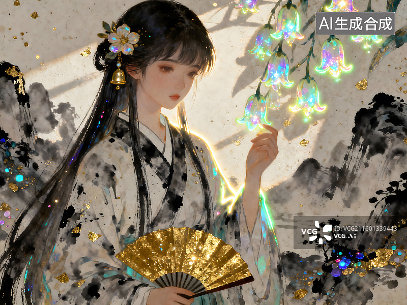 【AI数字艺术】中式古风少女着水墨纹衣裙，持金扇、簪花佩铃，伴流光花簇与烟峦金箔，幻美空灵。图片素材