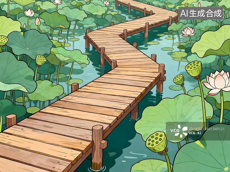 【AI数字艺术】茂密的荷叶，莲蓬，花 围着水中木栈道，经络分明，木栈道曲折迂回伸向远方图片素材