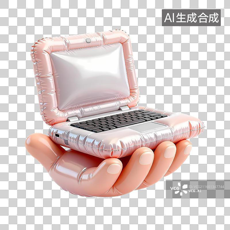 【AI数字艺术】手托笔记本电脑手势3D立体膨胀充气质感元素图片素材