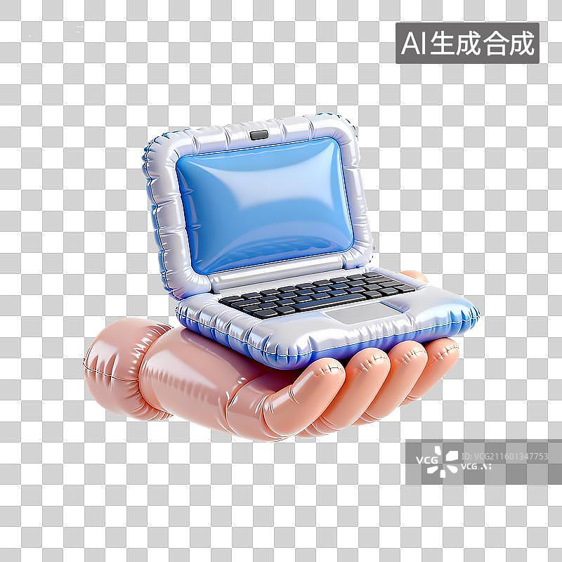 【AI数字艺术】手托笔记本电脑手势3D立体膨胀充气质感元素图片素材