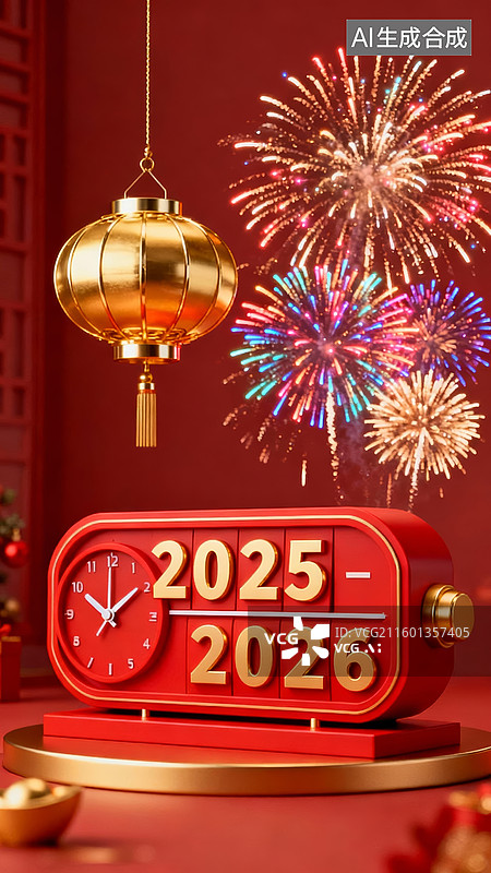【AI数字艺术】跨年数字牌红金风新年庆祝场景图片素材