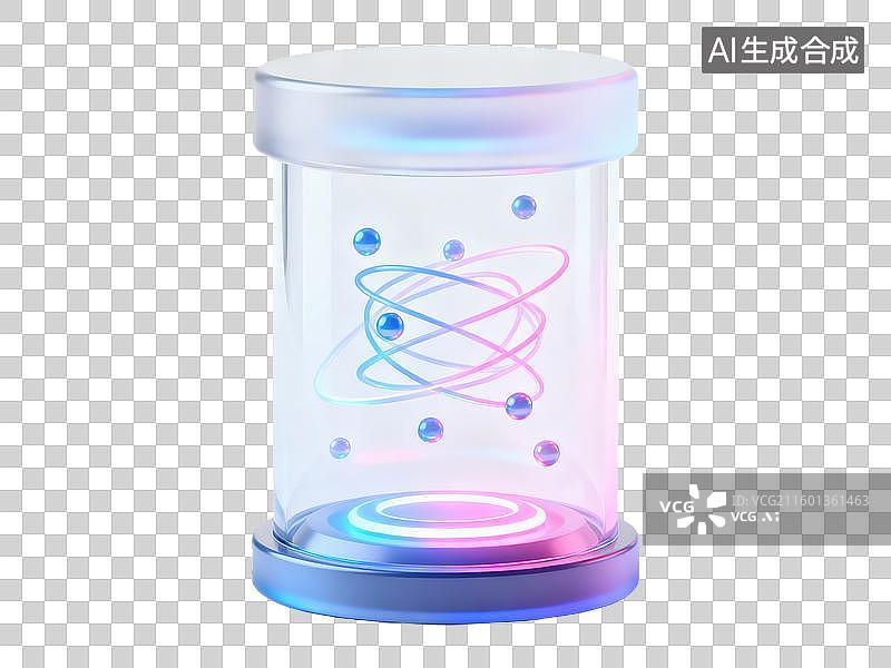 【AI数字艺术】量子比特悬浮腔室内散发蓝粉柔光3D轻拟物风格透明科技科幻插画元素设计新质生产力量子计算机核心图片素材