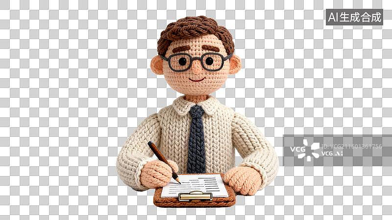 【AI数字艺术】戴着眼镜写字的钩针人偶图片素材
