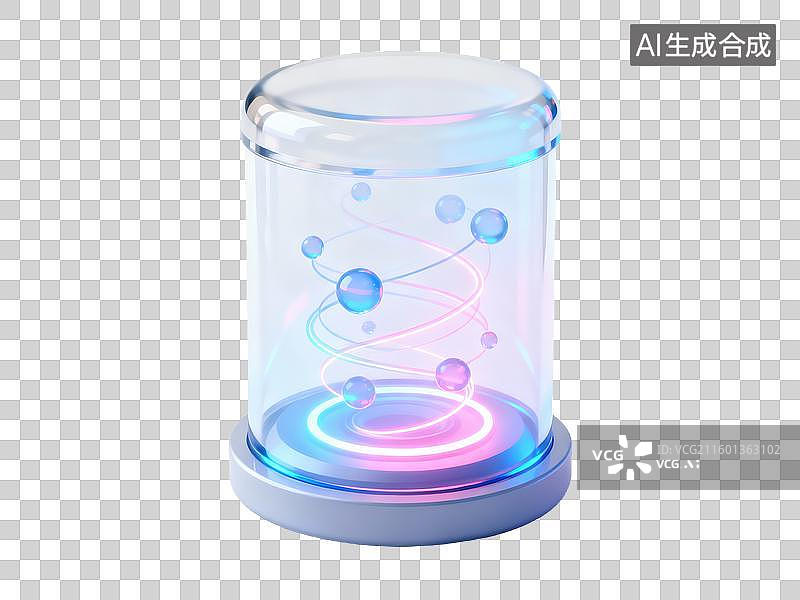 【AI数字艺术】量子比特悬浮腔室内散发蓝粉柔光3D轻拟物风格透明科技科幻插画元素设计新质生产力量子计算机核心图片素材