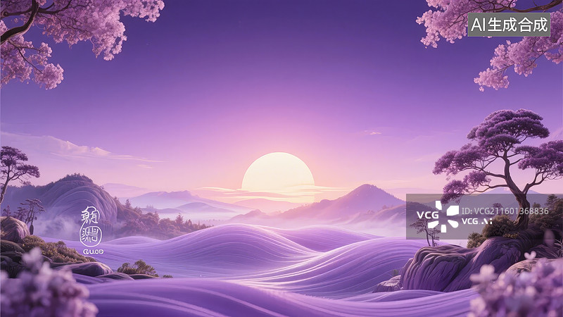 【AI数字艺术】紫霞日出山景图片素材
