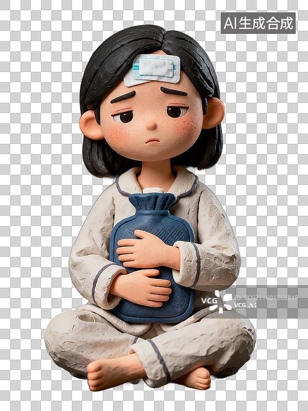 【AI数字艺术】生病抱热水袋的女孩图片素材