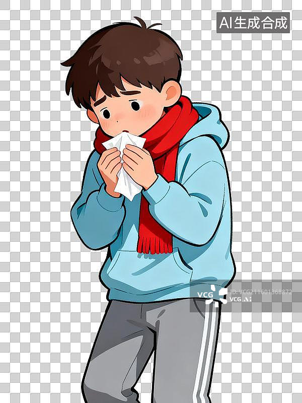 【AI数字艺术】穿着蓝色卫衣戴红围巾的男孩图片素材