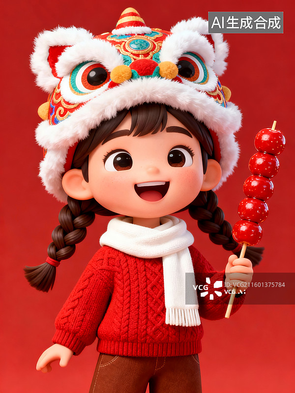 【AI数字艺术】舞狮女孩喜庆风新春持串场景图片素材