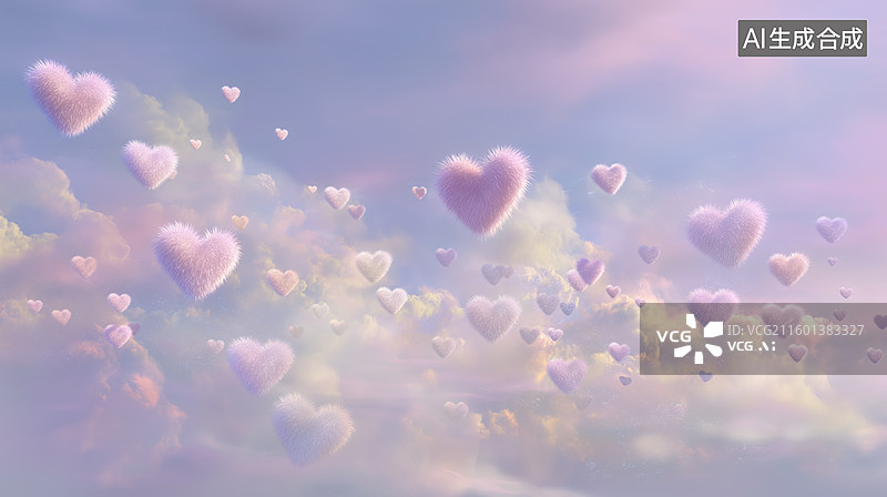 【AI数字艺术】梦幻柔和的毛茸茸心形气球飘浮天空图片素材