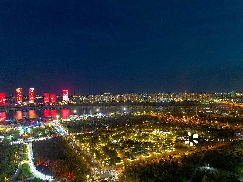 内蒙古鄂尔多斯康巴什城市风光夜景航拍图片素材