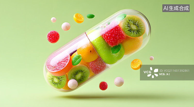 【AI数字艺术】富含多种水果营养的维生素胶囊图片素材