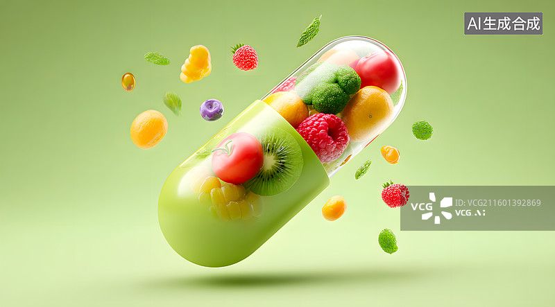 【AI数字艺术】富含多种水果营养的维生素胶囊图片素材