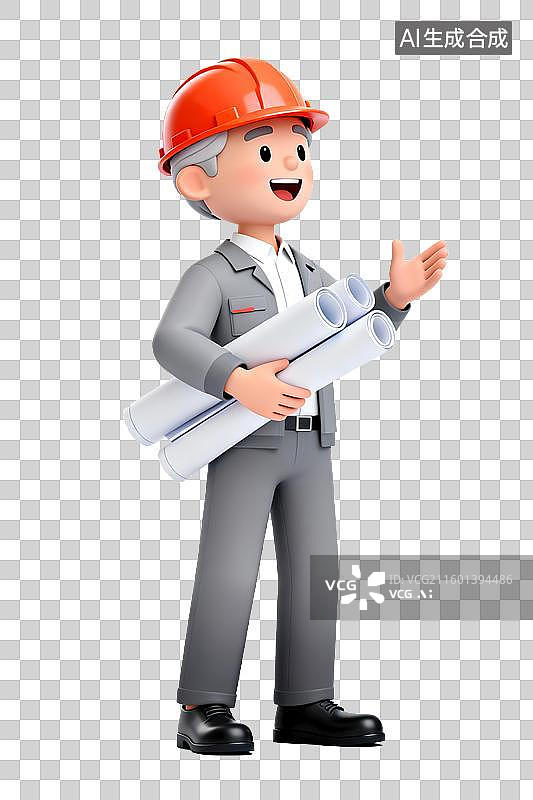 【AI数字艺术】3D头戴安全帽，身穿工作服的建筑师工程师，手拿图纸在建筑工地指导工作图片素材