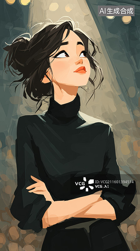【AI数字艺术】黑衣女子仰望灯光图片素材