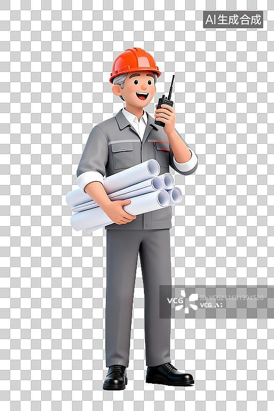 【AI数字艺术】3D头戴安全帽，身穿工作服的建筑师工程师，手拿图纸在建筑工地指导工作图片素材