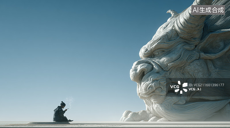 【AI数字艺术】人物凝视巨大石兽雕像图片素材
