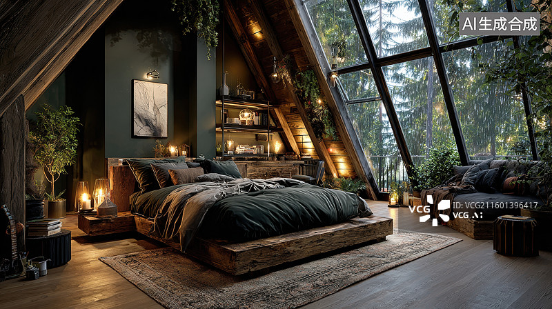 【AI数字艺术】森林木屋卧室室内设计图片素材
