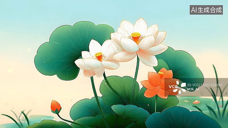 【AI数字艺术】夏至荷塘里盛开的白莲花图片素材