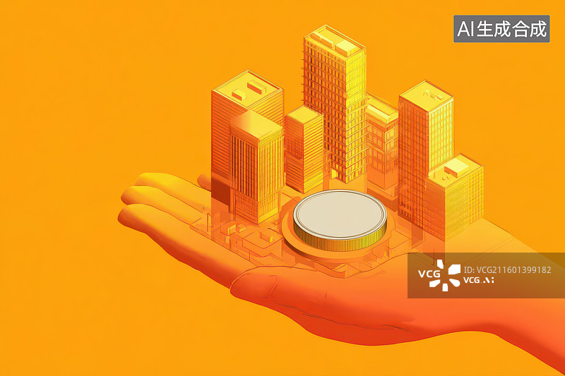 【AI数字艺术】金色手掌托举城市建筑模型创意图图片素材
