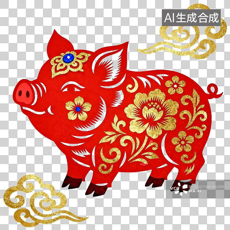 【AI数字艺术】红色剪纸风格的喜庆小猪图片素材