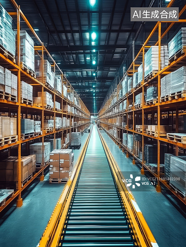 【AI数字艺术】自动化物流分拣传送带和快递箱，智慧物流概念图片素材