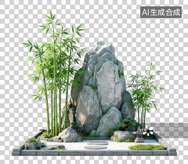 【AI数字艺术】日式风格假山竹子砾石景观图片素材